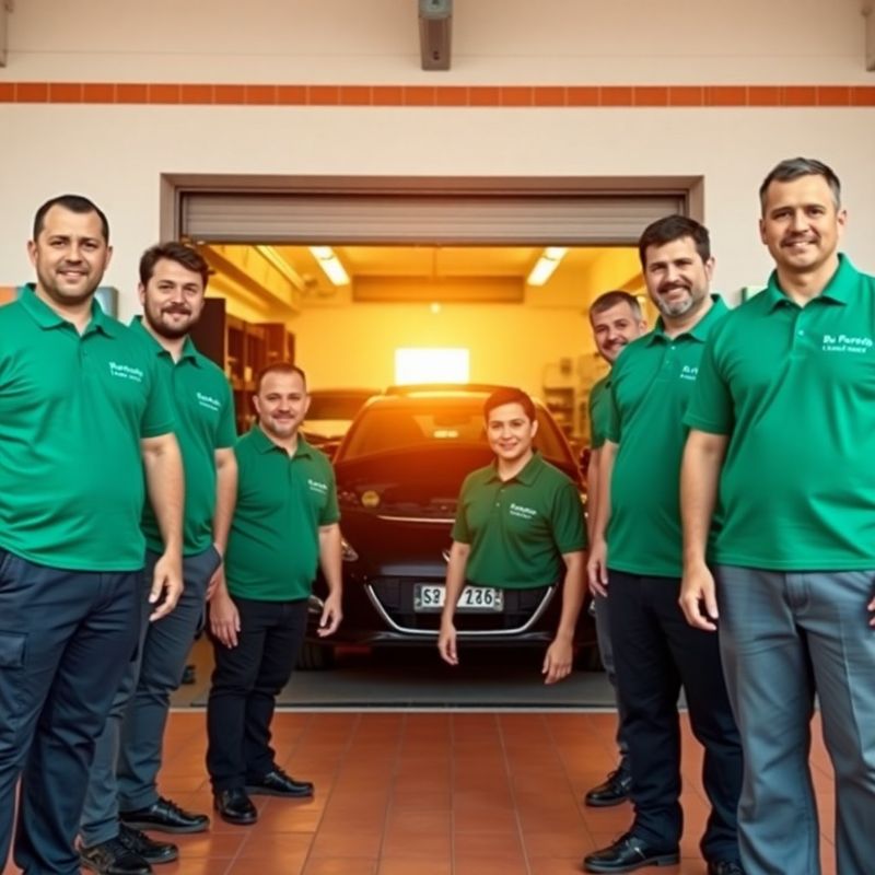 Equipo de ocho mecánicos de Buen Atelier frente al taller en Sevilla