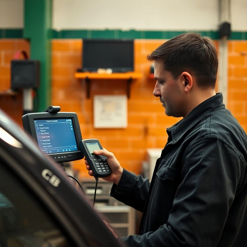 Mecánico leyendo un escáner OBD conectado a un coche en el taller Buen Atelier